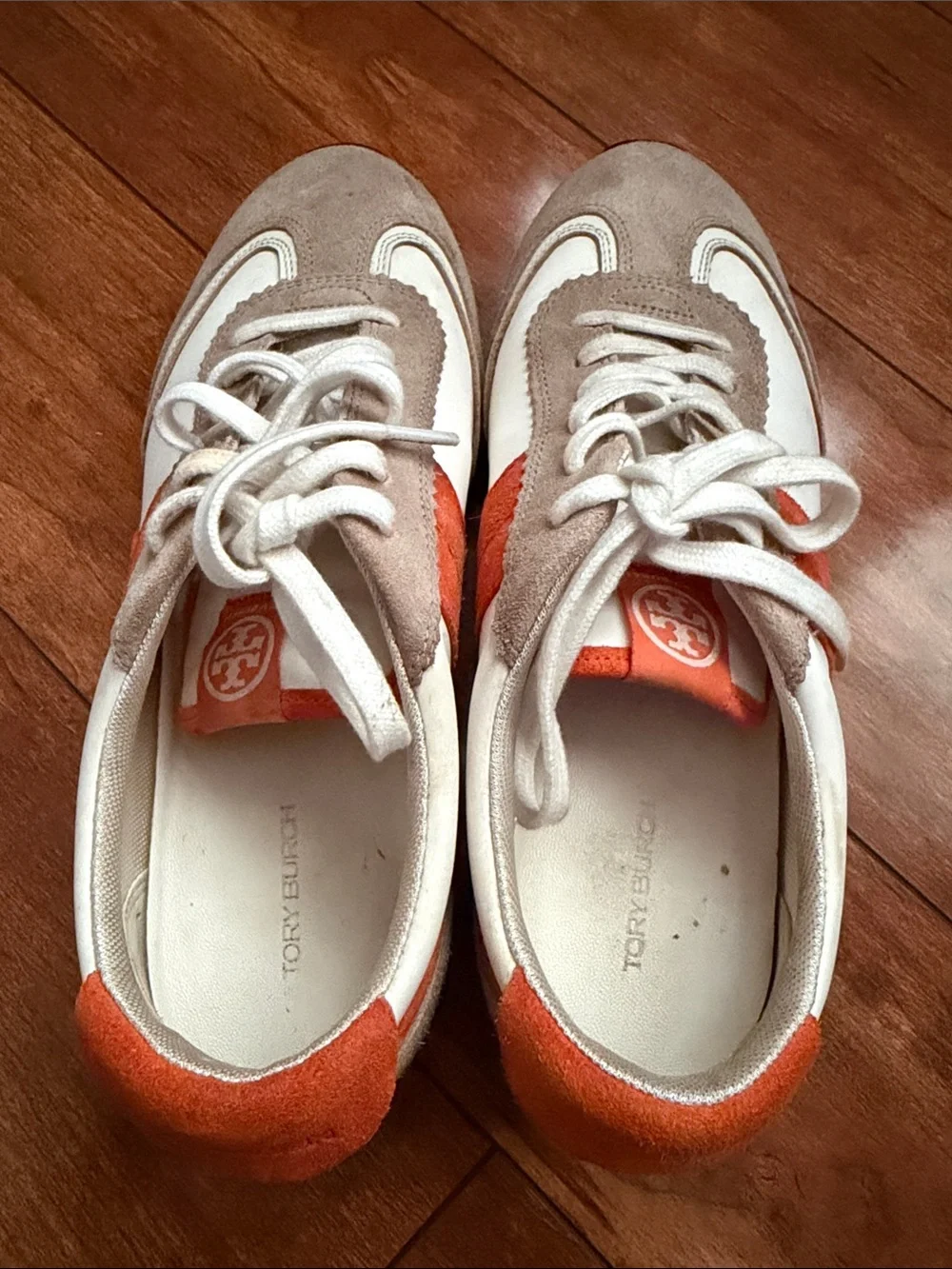 Woman’s Tory Burch Classic Casual Sneakers in White, Beige & Orange